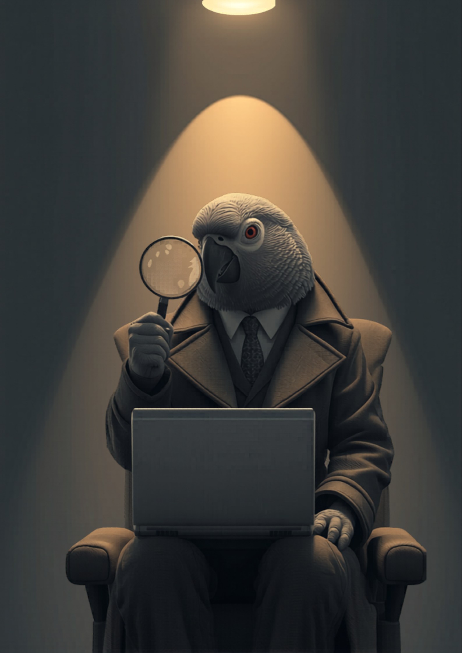 Loro elegante con lupa examinando un portátil nervioso - blog alexperez.digital