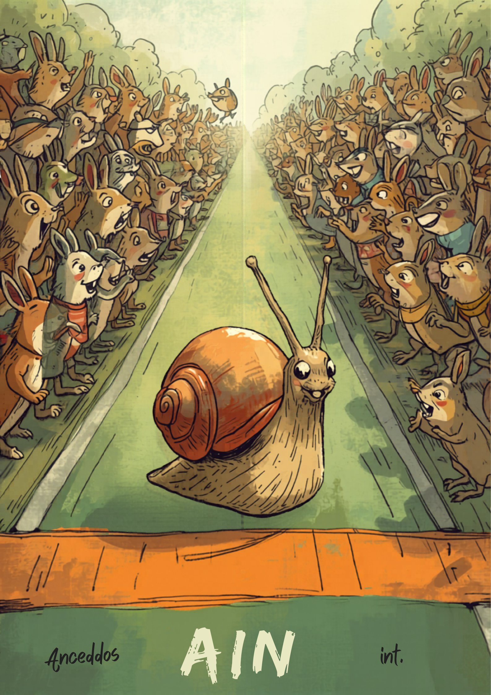 Caracol triunfante con casco de carreras corriendo ante público animado - blog alexperez.digital