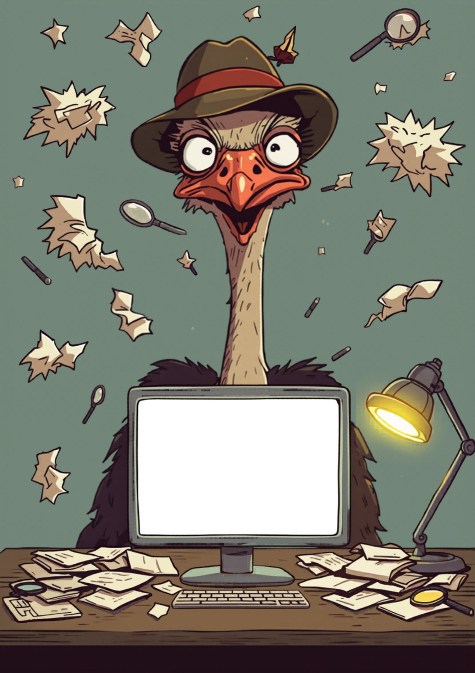 Avestruz detective con sombrero frente a pantalla vacía confundida - blog alexperez.digital