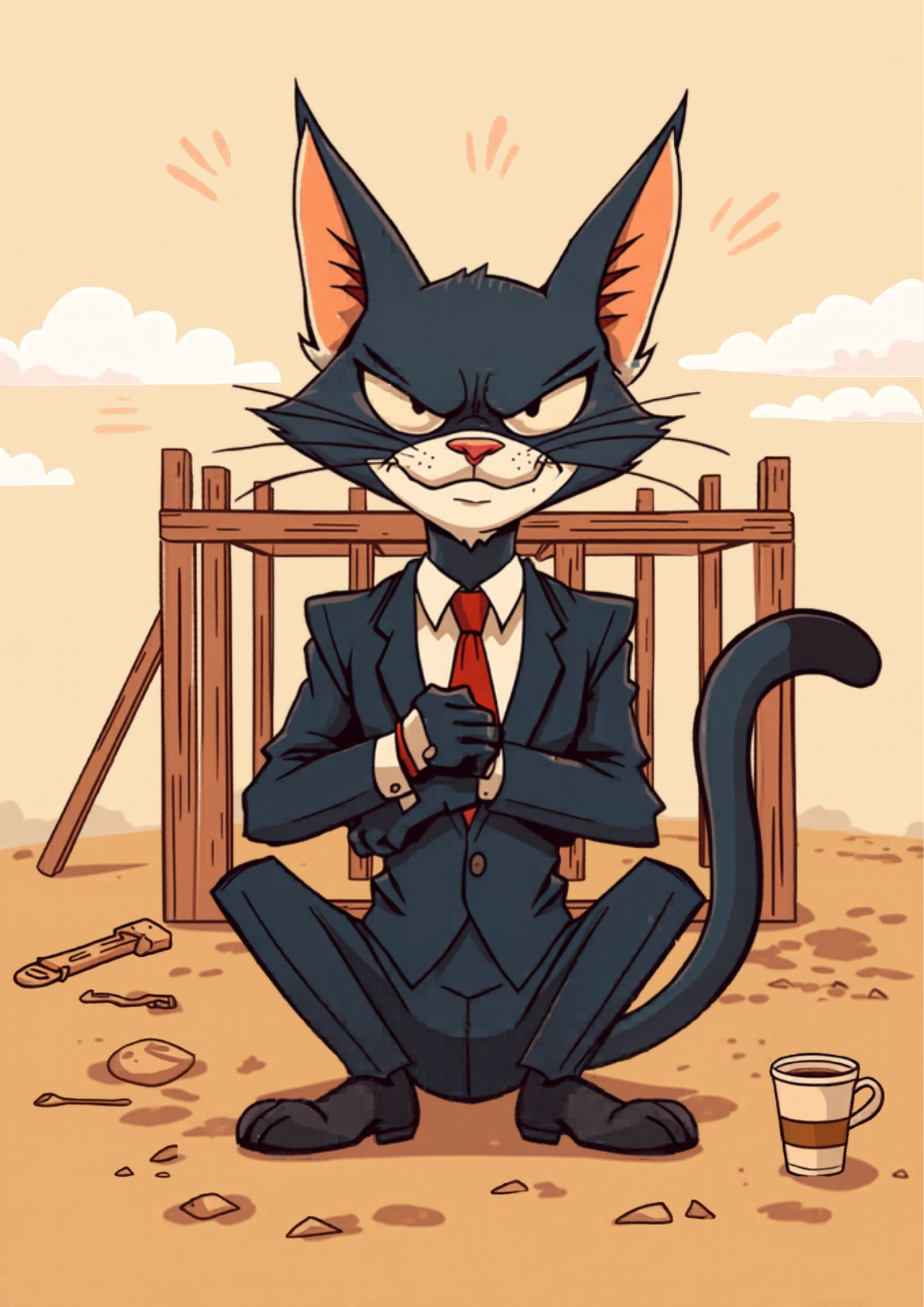 Gato impaciente en traje mirando el reloj frente a obra de construcción sin terminar - blog alexperez.digital