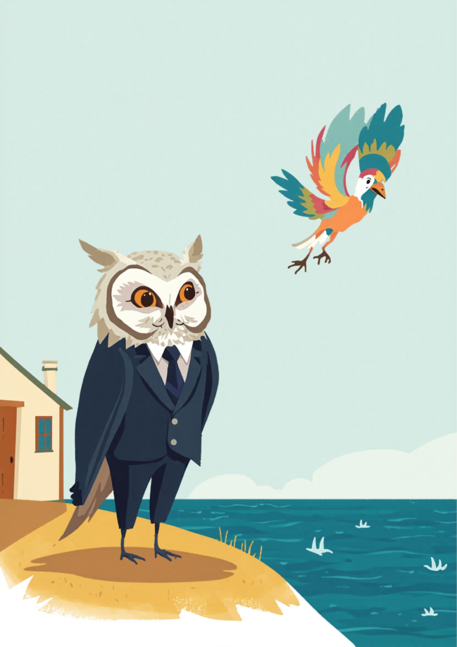 Búho sabio en traje junto a casa sólida viendo caer a un pájaro colorido al mar - blog alexperez.digital