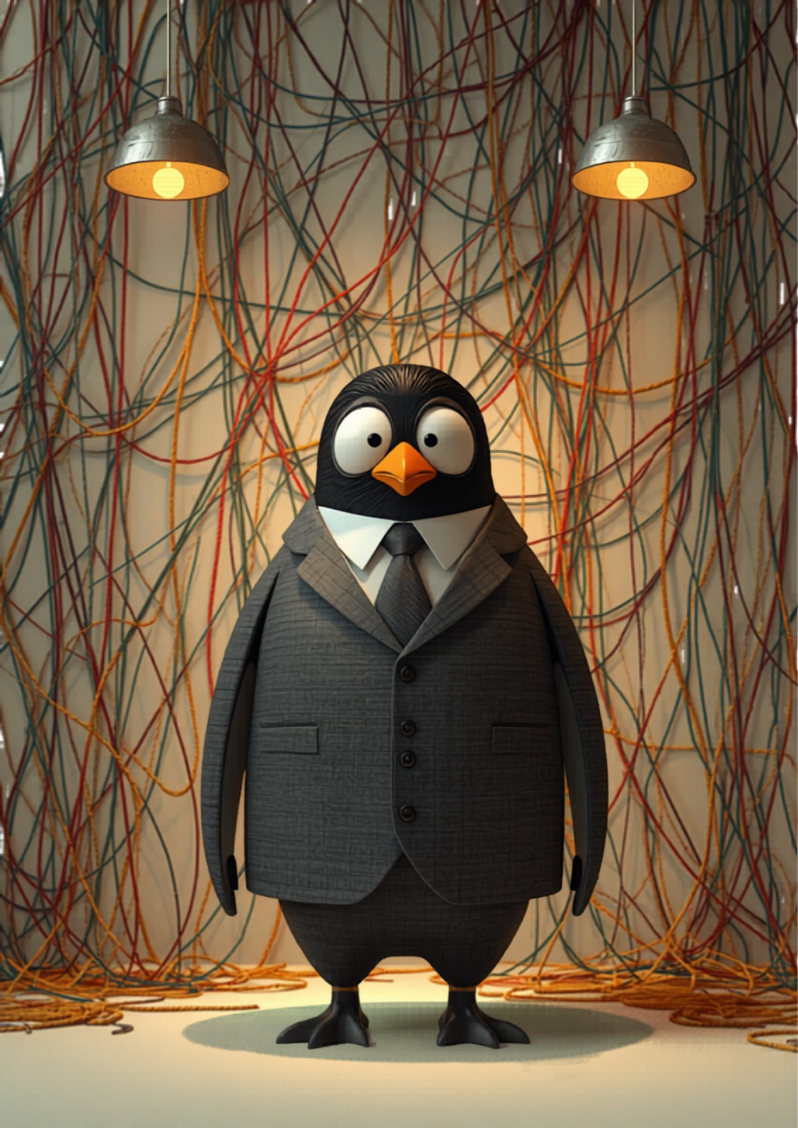 Pinguino en traje mirando pared de hilos enredados - blog alexperez.digital