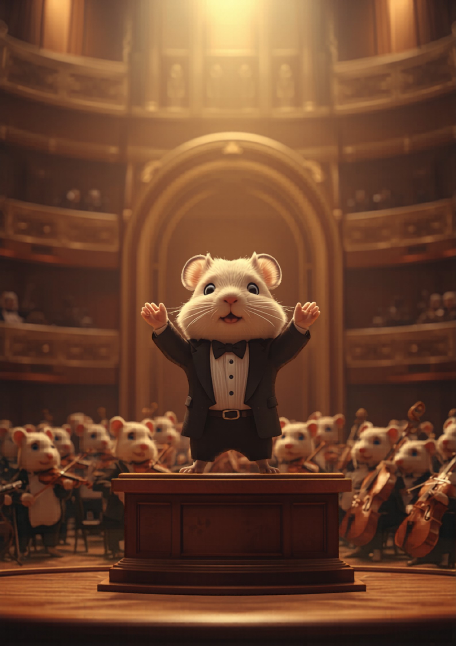 Hamster en esmoquin dirigiendo dramaticamente una orquesta de hamsters - blog alexperez.digital