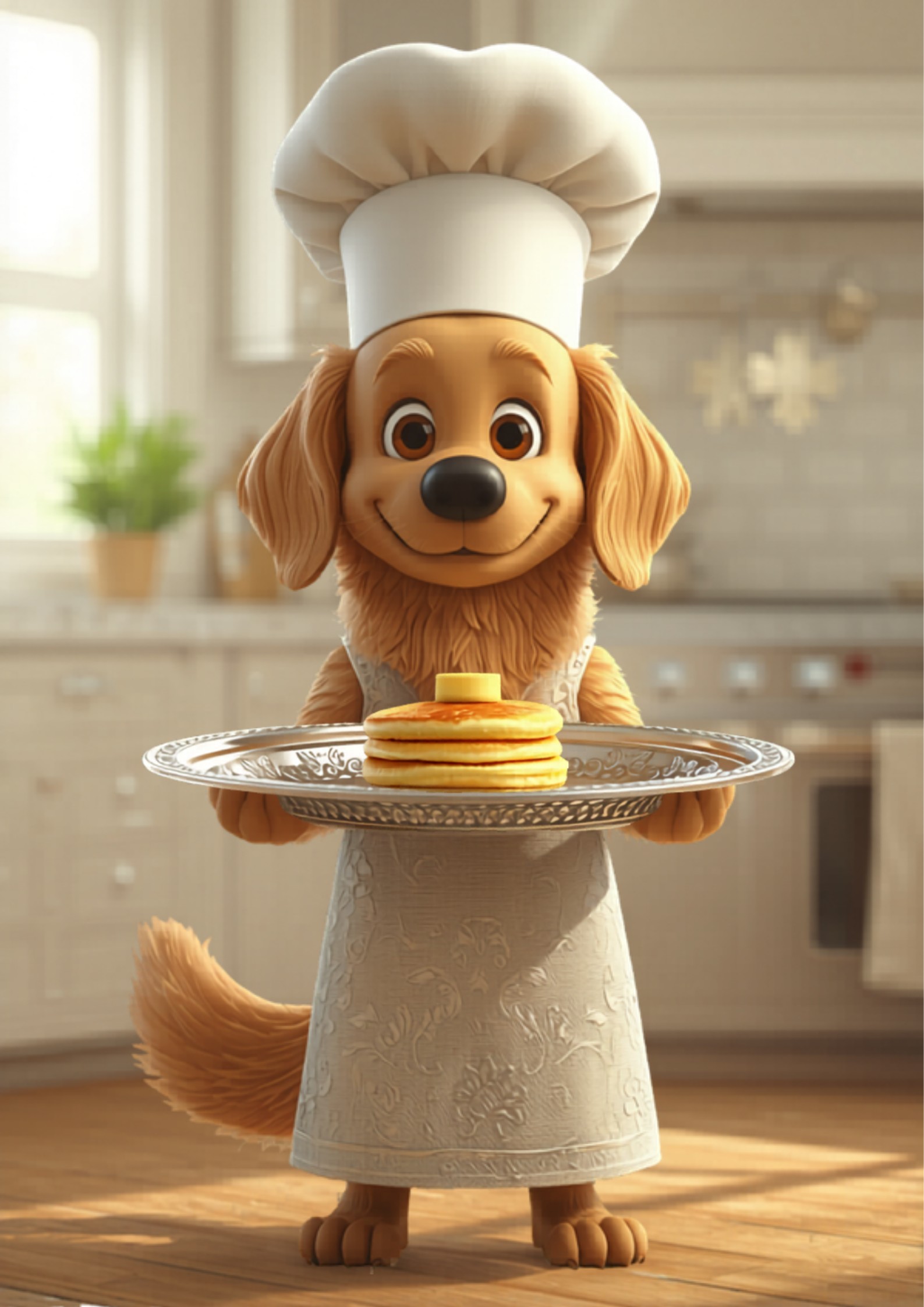 Golden retriever chef orgulloso presentando una tortita quemada en bandeja de plata - blog alexperez.digital