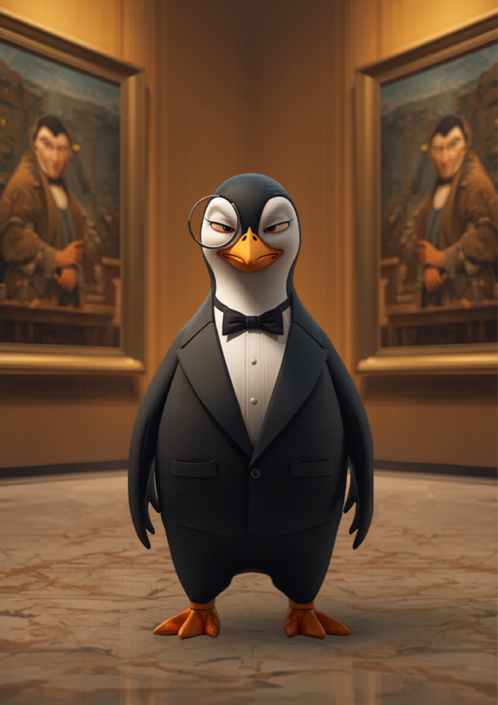 Pinguino con monóculo examinando dos cuadros en una galeria de arte - blog alexperez.digital