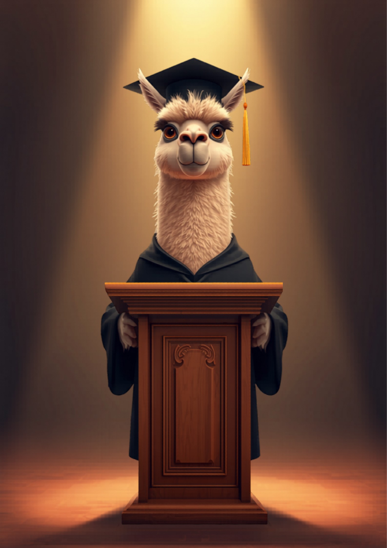 Llama muy orgullosa con toga de graduacion en un podio - blog alexperez.digital