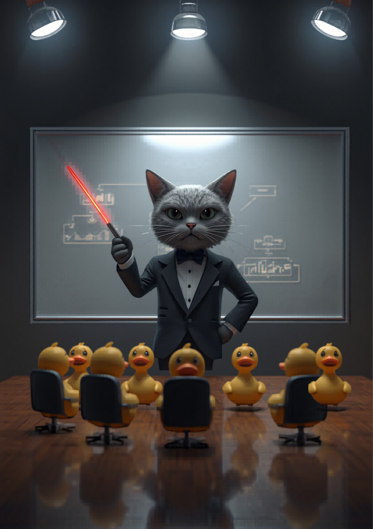 Gato en traje haciendo presentacion con puntero laser a patos de goma confundidos - blog alexperez.digital