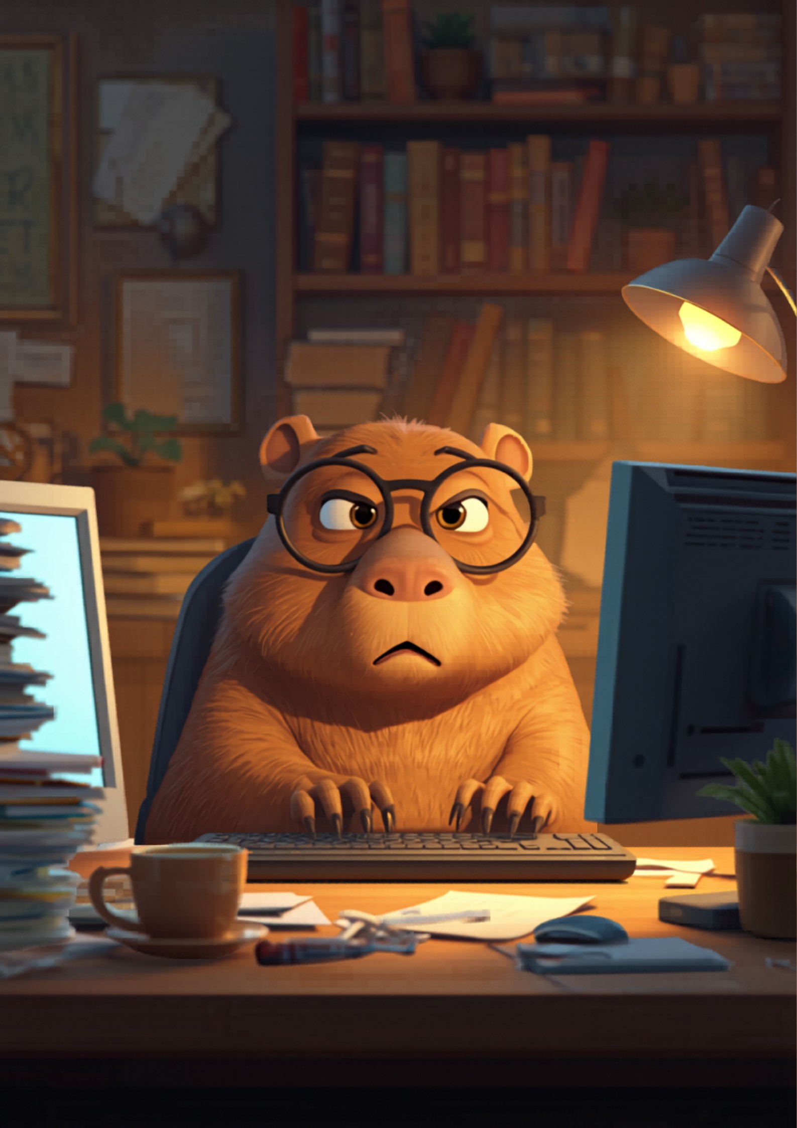 Capybara con gafas trabajando intensamente en escritorio con múltiples pantallas - blog alexperez.digital