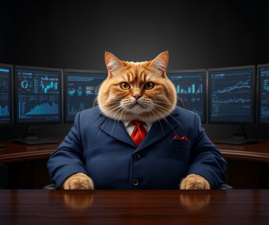 Gato gordo en traje de ejecutivo con seis monitores – blog alexperez.digital