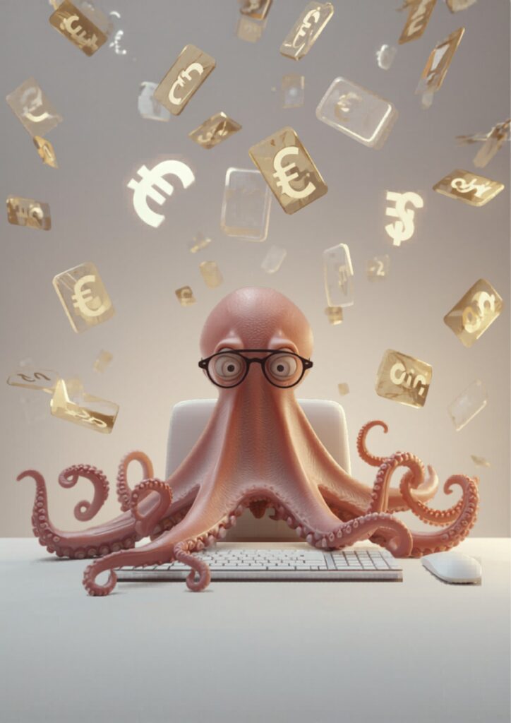 Pulpo fotorrealista confundido frente a un ordenador con etiquetas de precio flotando