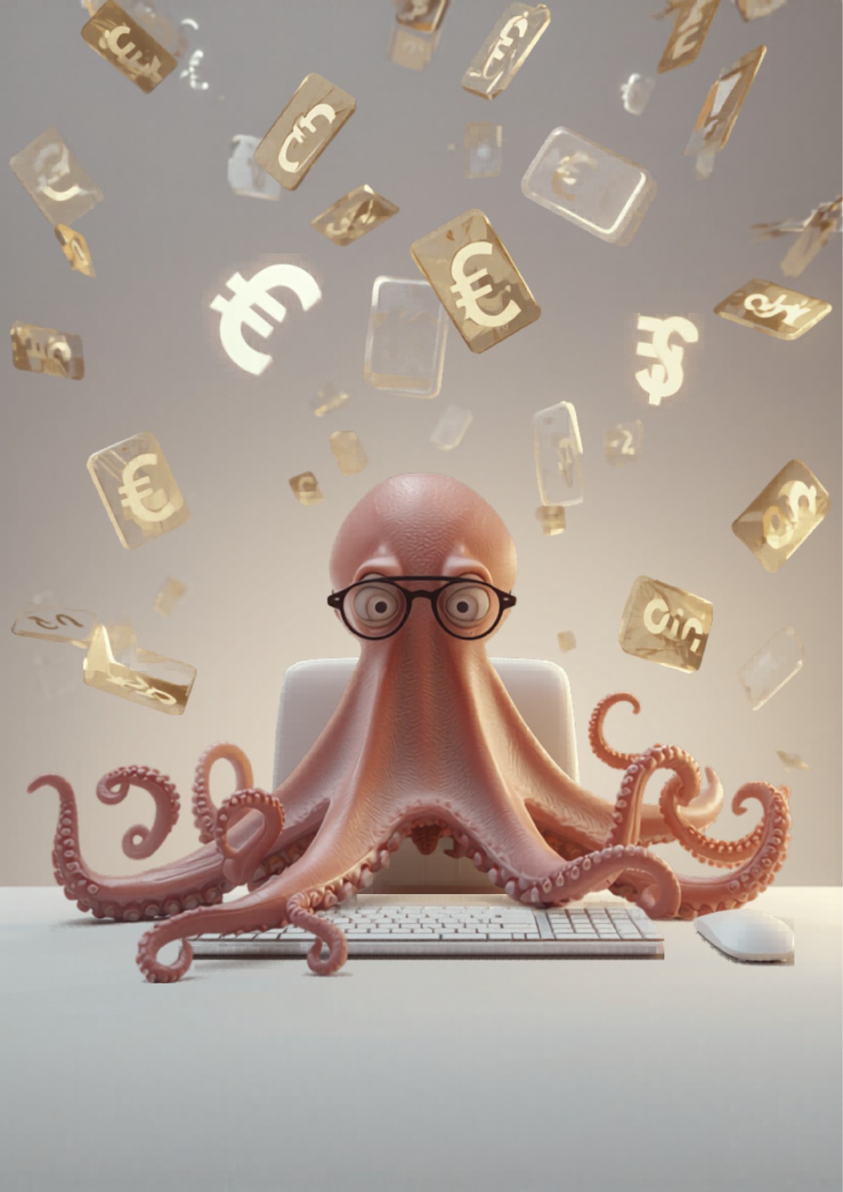 Pulpo fotorrealista confundido frente a un ordenador con etiquetas de precio flotando
